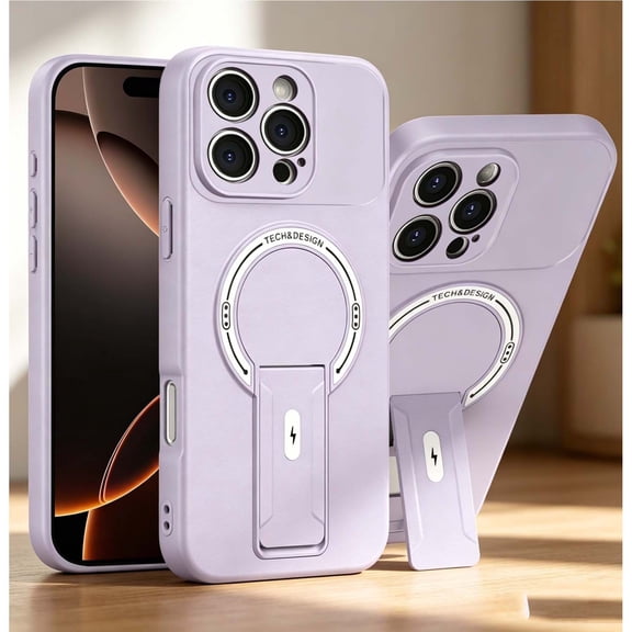 For iPhone 17 Pro Phone Case,Adjustable Foldable Invisible Kickstand,Compatible with Mag-Safe,PC + TPU Hybrid Shockproof Anti-fall Heavy Duty Drop Protection,Thin Phone Case,Purple