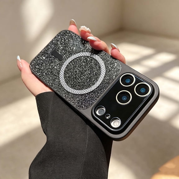 For iPhone 17 Pro Phone Case,Built-in Lens Camera Protector,Compatible with Mag-Safe,Sparkle Bling Shiny Sparkly Cute Girly Glitter Back Design,Shockproof Anti-fall,Phone Case,Black