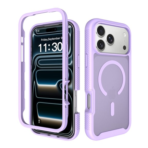 For iPhone 17 Pro Phone Case,Compatible With Mag-Safe,2-in-1 Heavy Duty Shockproof Anti-fall Protection,Anti-fingerprinting Matte Translucent Back,Non-Slip Rugged Durable Phone Case,Purple