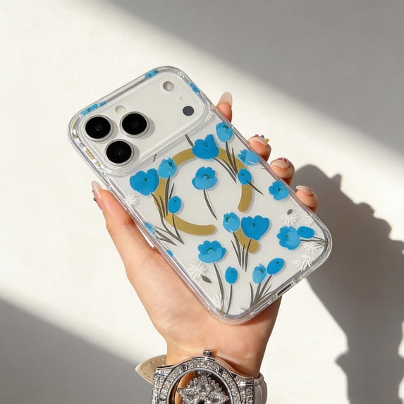 For iPhone 17 Pro Phone Case,Compatible With Mag-Safe,Elegant Colorful Floral Print Pattern,Transparent Back,PC + TPU Hybrid Shockproof Anti-fall Non-Slip Drop Protection,Phone Case,E