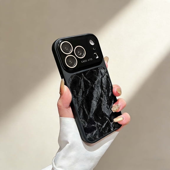 For iPhone 17 Pro Phone Case,Compatible With Wireless Charging,Built-in Camera Lens Protector,Glossy Snow Mountain Pattern Back Design,Shockproof Anti-fall Durable Phone Case,Black