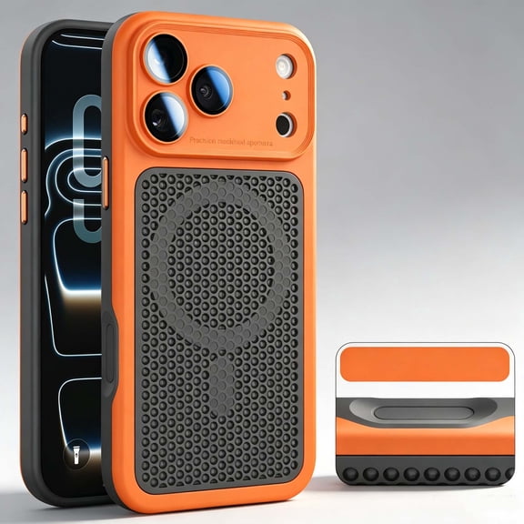 For iPhone 17 Pro Phone Case,Compatible with Wireless Charging,Honeycomb Porous Back Design,Heat Dissipation Mesh Breathable Cover,Shockproof Two-color Non-Slip Phone Case Cover,Orange