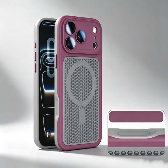 For iPhone 17 Pro Phone Case,Compatible with Wireless Charging,Honeycomb Porous Back Design,Heat Dissipation Mesh Breathable Cover,Shockproof Two-color Non-Slip Phone Case Cover,Winered