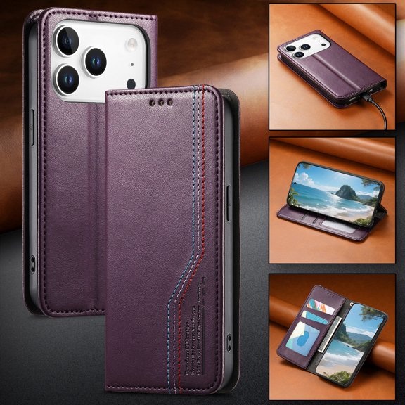 For iPhone 17 Pro Phone Case,PU Leather Flip Folding Kickstand,With Card Slots,Magnteic Closure,Shockproof Anti-fall Folio Non-slip Durable Ultra Slim Wallet Phone Case Cover,Purple