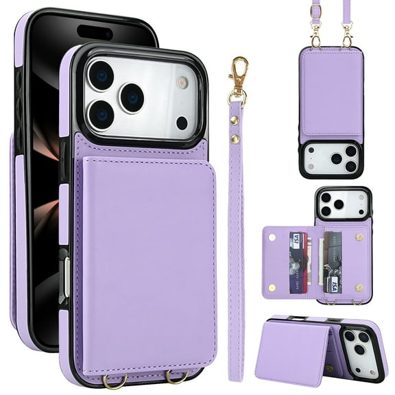 For iPhone 17 Pro Phone Case Wallet Card Holder,RFID Blocking PU Leather Back Magnetic Flip Kickstand Folio Case Wrist Lanyard & Crossbody Strap Protective Women Girls Cover,Violet