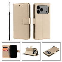 for iPhone 17 Pro Phone Case Wallet,Women Flip Folio Cover with Credit Card Holders & Cash Pocket Solid Color PU Leather Kickstand Shockproof Case with Hand Strap for Woman Men,Gold