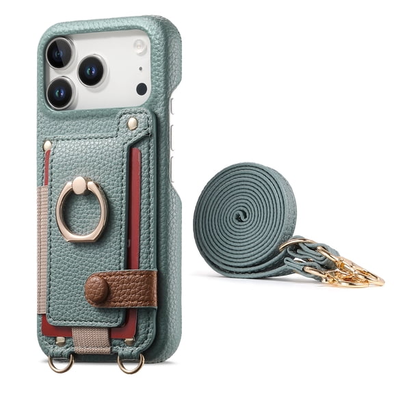 For iPhone 17 Pro Phone Case,With 360° Rotatable Ring Kickstand,Detachable Long Shoulder Strap,Card Slots,Shockproof Anti-fall PU Leather Anti-Scratch Back,Durable Wallet Phone Case,Blue