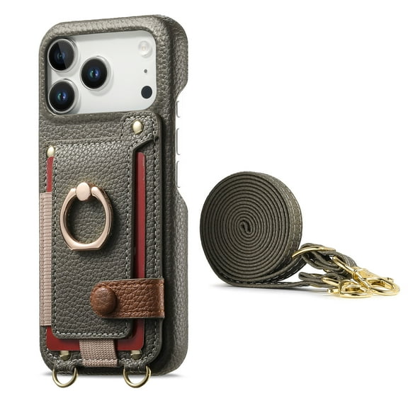 For iPhone 17 Pro Phone Case,With 360° Rotatable Ring Kickstand,Detachable Long Shoulder Strap,Card Slots,Shockproof Anti-fall PU Leather Anti-Scratch Back,Durable Wallet Phone Case,Gray