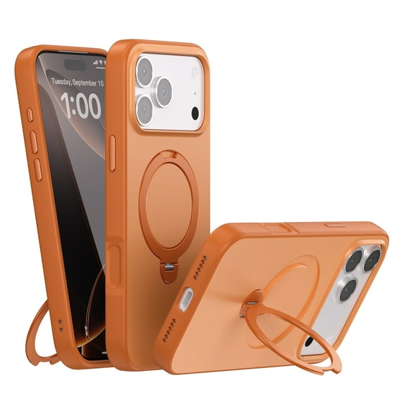 For iPhone 17 Pro Phone Case,With Rotatable Ring Kickstand,Compatible with Mag-Safe,Ultra Slim Shockproof Anti-Scratch Drop Protection,Matte Anti-Fingerprint Phone Case Cover,Orange