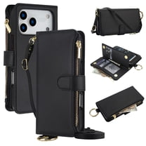 For iPhone 17 Pro RFID Blocking Protective Purse Wallet Case Magnetic Flip Cover Multi-Card Slots Zipper Pocket With Metal Ring Buckle Detachable Shoulder Strap And Wrist Strap Phone Case,Black
