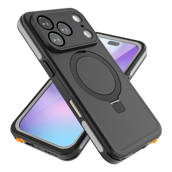 for iPhone 17 Pro Rugged Case, Compatible with MagSafe Ring Kickstand, Waterproof Shockproof Built-in Screen Protector, Full Body Protection Phone Cover with Dust Plug, Gray