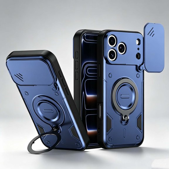 For iPhone 17 Pro Rugged Phone Case,360°Rotatable Ring Kickstand,Heavy Duty Shockproof Drop Protection,With Sliding Camera Cover,Non-Slip Anti-Scratch Durable Phone Case Cover,Dark Blue