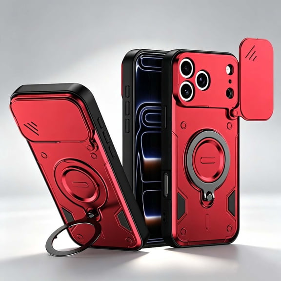 For iPhone 17 Pro Rugged Phone Case,360°Rotatable Ring Kickstand,Heavy Duty Shockproof Drop Protection,With Sliding Camera Cover,Non-Slip Anti-Scratch Durable Phone Case Cover,Red