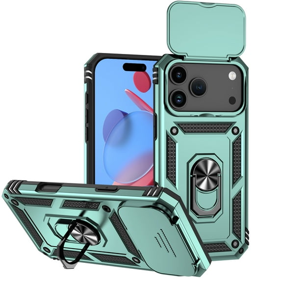 for iPhone 17 Pro Rugged Phone Case with Sliding Camera Cover, Kickstand TPU Bumper Drop Proof Durable Military Grade Protective Case Cover for iPhone 17 Pro, Darkgreen
