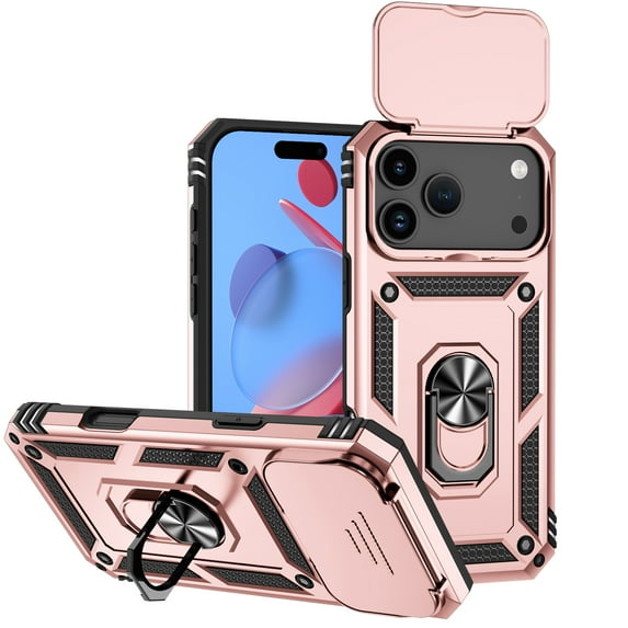 for iPhone 17 Pro Rugged Phone Case with Sliding Camera Cover, Kickstand TPU Bumper Drop Proof Durable Military Grade Protective Case Cover for iPhone 17 Pro, Rosegold