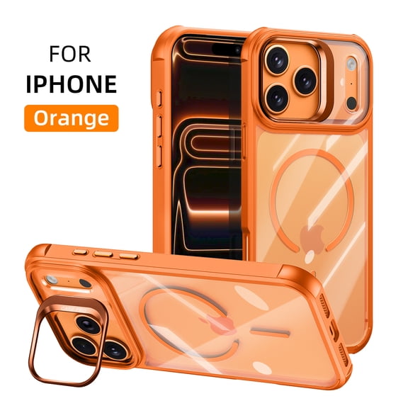 for iPhone 17 Pro Transparent Case with Built-in Camera Stash Stand, Compatible with MagSafe, Slim Fit & Lightweight Magnetic Hard Back Anti-Yellow Anti-Fingerprint Shockproof Cover, Orange