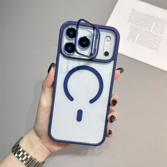 for iPhone 17 Pro Transparent Case with Camera Lens Protector, Compatible with MagSafe, Built-in Camera Stash Stand, Magnetic Hard Back Soft Edge Anti-Fingerprint Flexible Cover, Darkblue