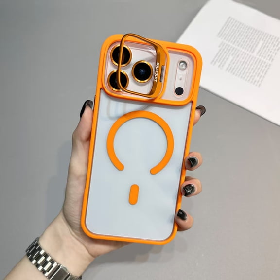 for iPhone 17 Pro Transparent Case with Camera Lens Protector, Compatible with MagSafe, Built-in Camera Stash Stand, Magnetic Hard Back Soft Edge Anti-Fingerprint Flexible Cover, Orange