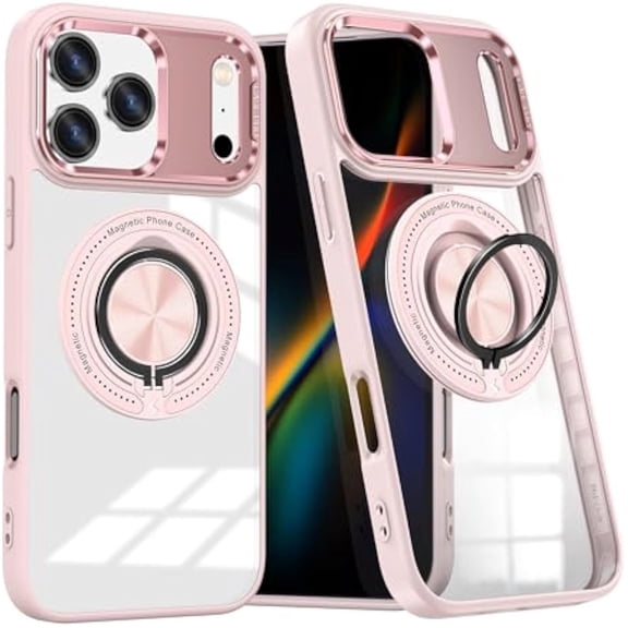 For iPhone 17 Pro Transparent Case (Compatible With MagSafe) With 360° Rotation Invisible Magnetic O-Ring Stand Military-Grade Shockproof Phone Case,Pink,For iPhone 17 Pro