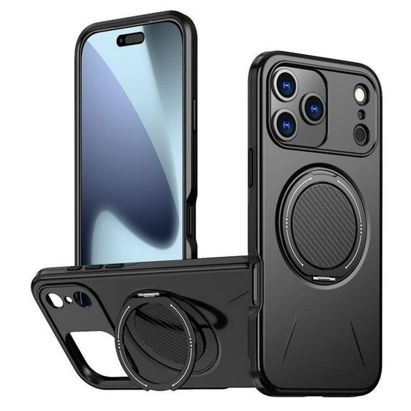 For iPhone 17 Pro Ultra Slim Hybrid TPU+PC Protective Cover with Metal Rotation Holder , Compatible MagSafe, Military Grade Shockproof Phone Case Cover,Black,For iPhone 17 Pro
