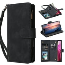 for iPhone 17 Pro Wallet Case with Card Holder & Zipper Pocket, PU Leather Flip Cover with Kickstand Magnetic Closure Shockproof Full Protection, Wrist Strap & Crossbody Shoulder Strap, Black