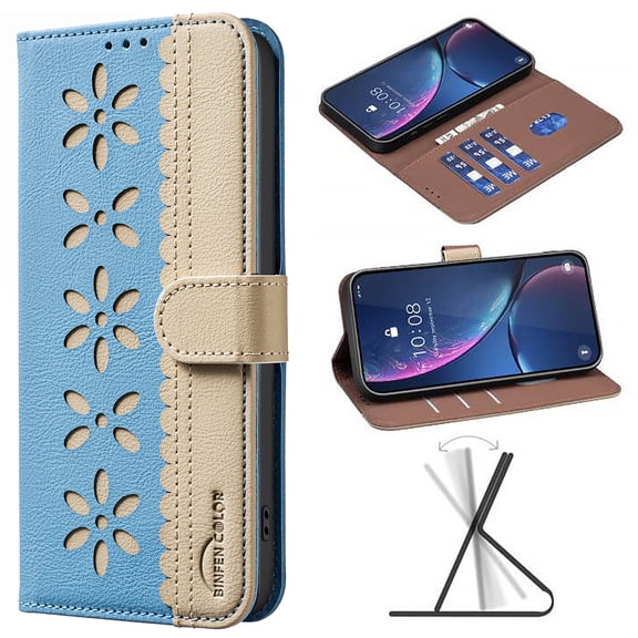 For iPhone 17 Pro Wallet Case,Card Slots [RFID Blocking] Splice Premium PU Leather ID Credit Holder Folio Flip Kickstand Magnetic Clasp Flower Patterned Shockproof Phone Cover,Lightblue