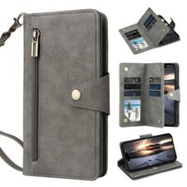 for iPhone 17 Pro Wallet Case with Card Slots & Zipper Pocket, PU Leather   TPU Full Body Protective Phone Case with Kickstand Magnetic Clasp Wrist Strap Shockproof Rugged Cover, Gray