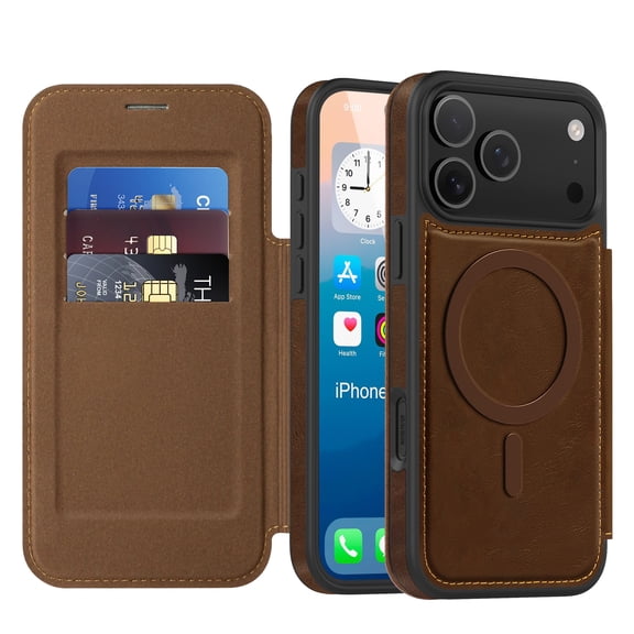 for iPhone 17 Pro Wallet Case, Compatible with MagSafe, Support Wireless Charging, Slim Fit Premium PU Leather Flip Folio Cover with Card Slots Case Wallet for iPhone 17 Pro - Coffee