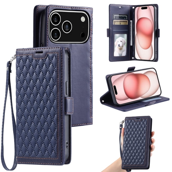For iPhone 17 Pro Wallet Case,Crossbody Strap Diamond Patterned PU Leather Flip Cover with RFID Blcoking Card Slots Cash Pocket Wrist Strap Kickstand Phone Case for Women Girls,Blue