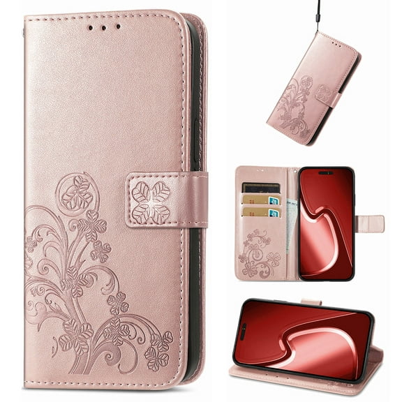 for iPhone 17 Pro Wallet Case, [Flower Embossed] Premium PU Leather Flip Protective Case Cover with Card Holder and Stand with Wrist Strap for iPhone 17 Pro, Rosegold