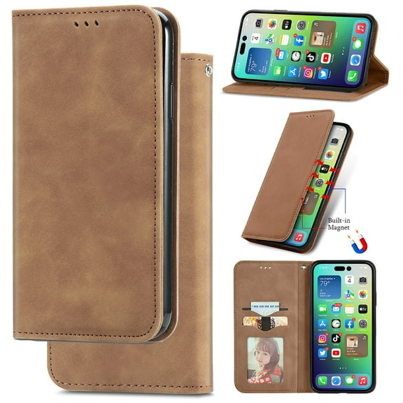 For iPhone 17 Pro Wallet Case with [RFID Blocking] Credit Card Slot Stand Magnetic Closure Premium PU Leather Retro Classic Flip Kickstand Shockproof TPU Shell for iPhone 17 Pro,Brown
