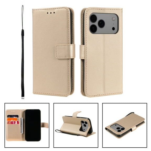 for iPhone 17 Pro Wallet Case RFID Blocking,Premium Solid Color PU Leather Magnetic Buckle Folio Kickstand Flip with Card Slots & Kickstand Full Body Phone Case,Gold