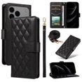 thumbnail image 1 of For iPhone 17 Pro Wallet Grid Texture Magnetic Flip Cover Card Holder & Bills Slot, Soft PU Leather Magnetic For Women Wallet Case With Detachable Shoulder Strap And Wrist Strap,Black, 1 of 9