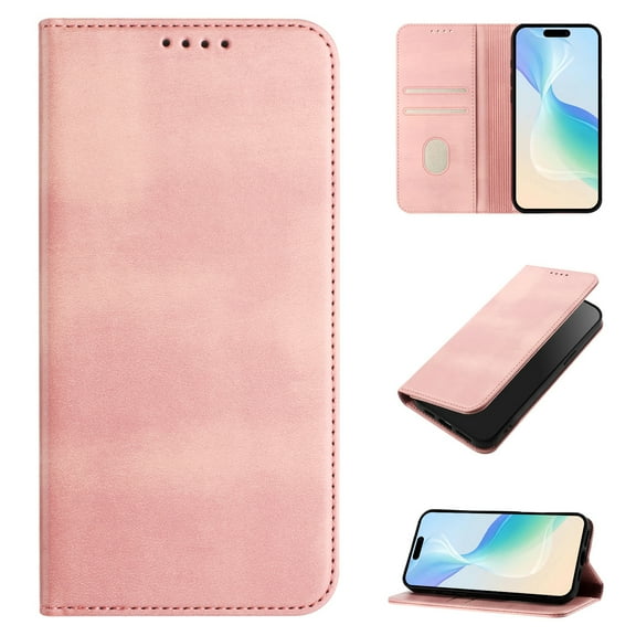 for iPhone 17 Pro Wallet Rugged Case, Premium PU Leather RFID Blocking Card Slots Kickstand Classic Full Body Protection Magnetic Function Durable Phone Cover for iPhone 17 Pro, Pink