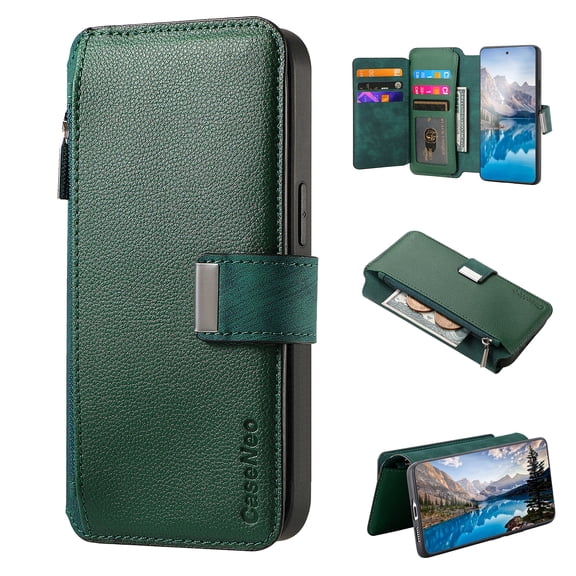For iPhone 17 Pro Wallet [Support Magsafe Charger] Flip Magnetic Detachable 2 in 1 Flip PU Leather Phone Case with Card Slots [RFID Blocking], Zipper Bag, Kick-Stand Cover,Green