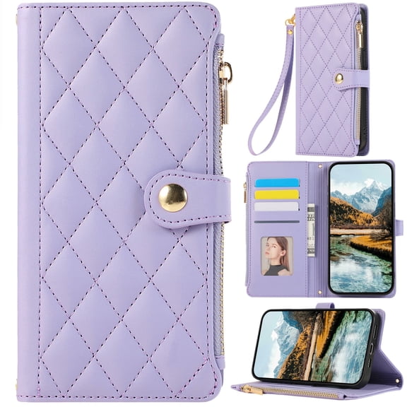 for iPhone 17 ProMax Leather Phone Case Wallet Zipper Purse Lady Classic Diamond Quilted Folio Flip Cover Kickstand, Card Holder Cash Slot, Magnetic Closure, Hand Wrist Strap