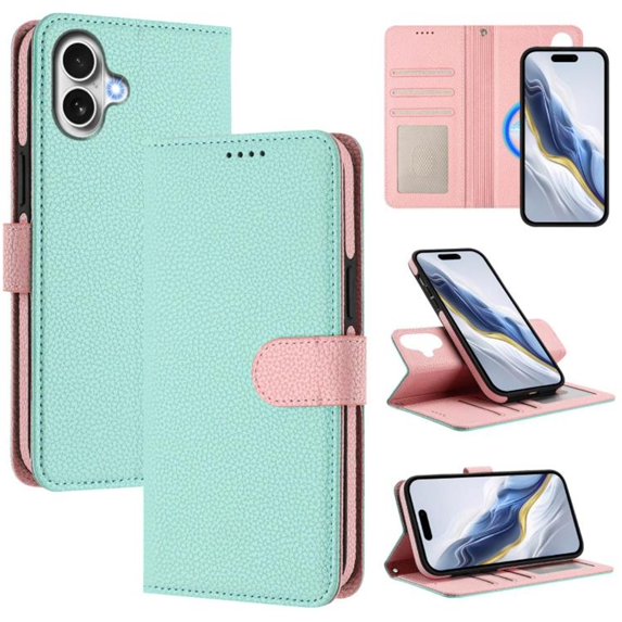 For iPhone 17 RFID Blocking Protective Purse 2-in-1 Detachable Bicolor Wallet Case Magnetic Flip Cover Multi-Card Slots Pocket With Wrist Strap Phone Case,Green,For iPhone 17