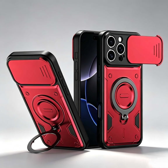 For iPhone 17 Rugged Phone Case,360°Rotatable Ring Kickstand,Heavy Duty Shockproof Drop Protection,With Sliding Camera Cover,Non-Slip Anti-Scratch Durable Phone Case Cover,Red