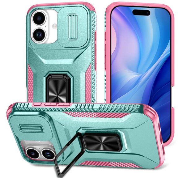 For iPhone 17 Slim Fit Shockproof Hybrid with Slide Camera Cover & Rotated Ring Kickstand, [Military-Grade] Phone Case For iPhone 17 6.3",Pink Green,For iPhone 17