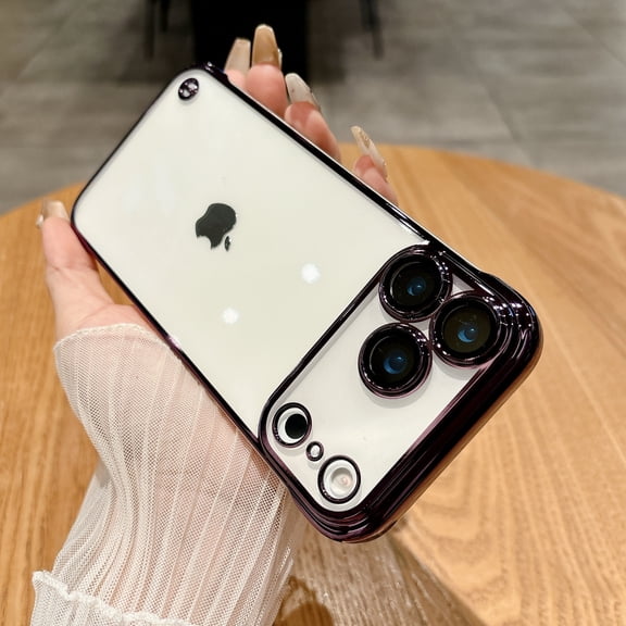 for iPhone 17 Transparent Frameless Back Cover + Camera Lens Protector, Luxury Hard PC Anti-Scratch Shock-Absorbent Glossy Lightweight Borderless Cover, Support Wireless Charging, Purple