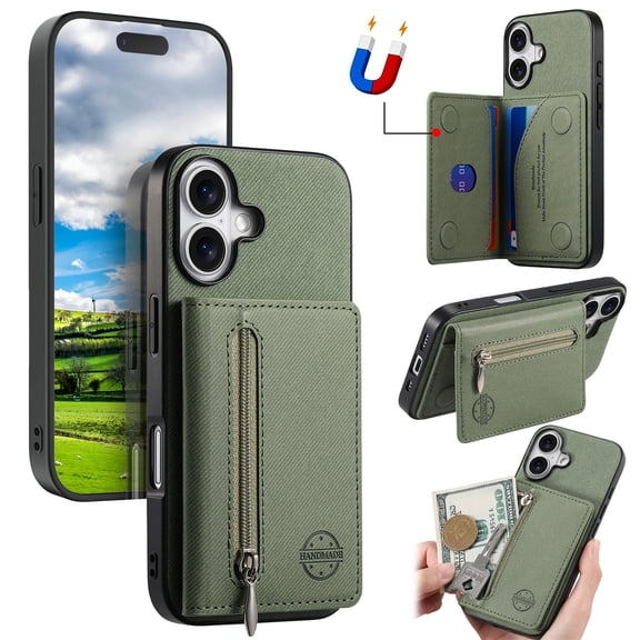 for iPhone 17 Wallet Case, Classic Denim Texture PU Leather RFID Blocking Zipper Pocket Card Slots with Kickstand, Shockproof Anti-Scratch Protective Magnetic Closure Anti-Slip Back Case, Green