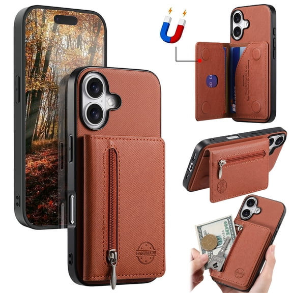 for iPhone 17 Wallet Case, Classic Denim Texture PU Leather RFID Blocking Zipper Pocket Card Slots with Kickstand, Shockproof Anti-Scratch Protective Magnetic Closure Anti-Slip Back Case, Brown