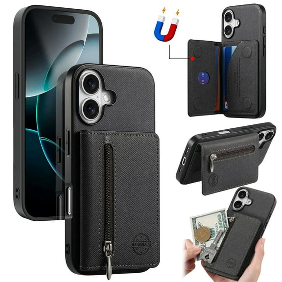 for iPhone 17 Wallet Case, Classic Denim Texture PU Leather RFID Blocking Zipper Pocket Card Slots with Kickstand, Shockproof Anti-Scratch Protective Magnetic Closure Anti-Slip Back Case, Black