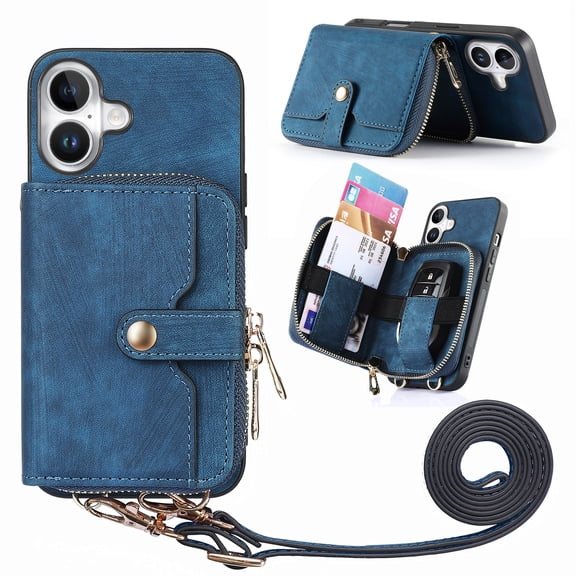 for iPhone 17 Wallet Case, Crossbody Phone Purse with Card Holder for Women, Zipper PU Leather Carrying Cover Gift with Shoulder Strap Kickstand Anti-drop for iPhone 17 - Blue