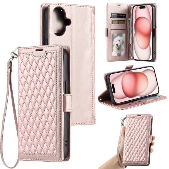 For iPhone 17 Wallet Case,Crossbody Strap Diamond Patterned PU Leather Flip Cover with RFID Blcoking Card Slots Cash Pocket Wrist Strap Kickstand Phone Case for Women Girls,Rosegold