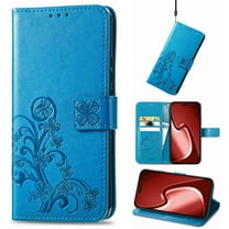 for iPhone 17 Wallet Case, [Flower Embossed] Premium PU Leather Flip Protective Case Cover with Card Holder and Stand with Wrist Strap for iPhone 17, Blue