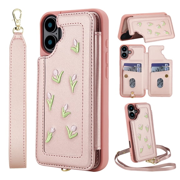 for iPhone 17 Wallet Case, Magnetic Snap Flip PU Leather TPU Cover with Flower Design Credit Card Holder Stand Wristband Shoulder Strap Protective Phone Case for Women Girls, Rosegold