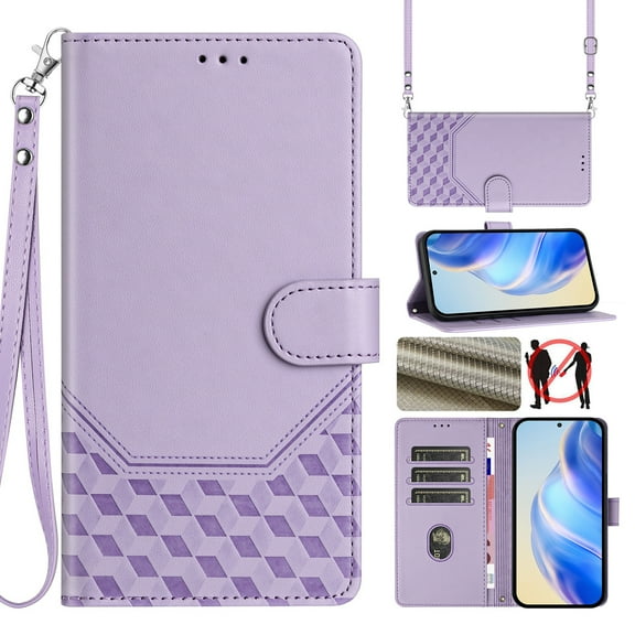 for iPhone 17 Wallet Case for Men Women, RFID Blocking Card Holder Slots, Wrist Strap & Shoulder Strap Shockproof TPU Inner, Kickstand PU Leather Protective Phone Cover, Purple