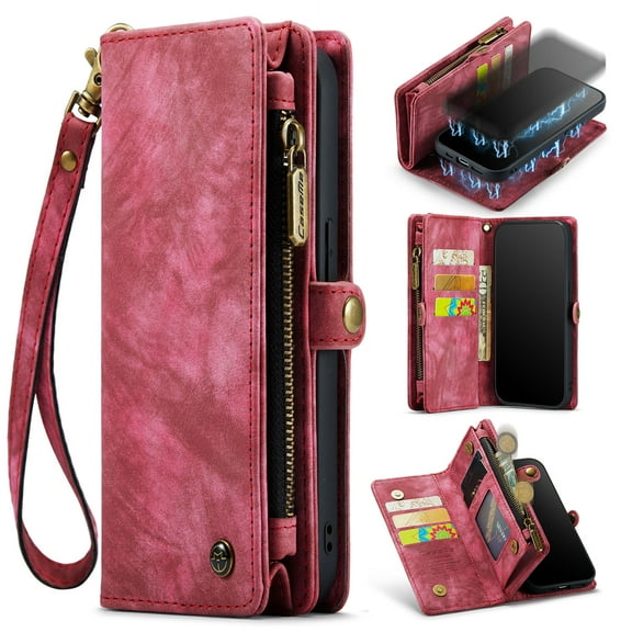 For iPhone 17 Wallet Case,Multi-Functional Retro Leather Purse Flip Cover Zipper Wallet Case with Removable Card Slots Pocket & Detachable Wrist Strap Magnetic Phone Case, Red