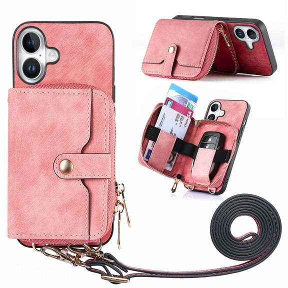 for iPhone 17 Wallet Case, PU Leather Case with Back Card Holder Kickstand, Magnetic Button Flip Folio Shockproof Zipper Crossbody Strap Purse Phone Case for iPhone 17, Pink